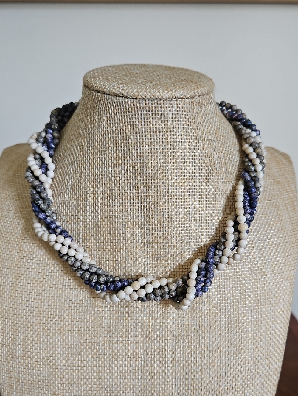 Multistrand Twisted Stone Bead Necklace in Ivory, Gray and Navy